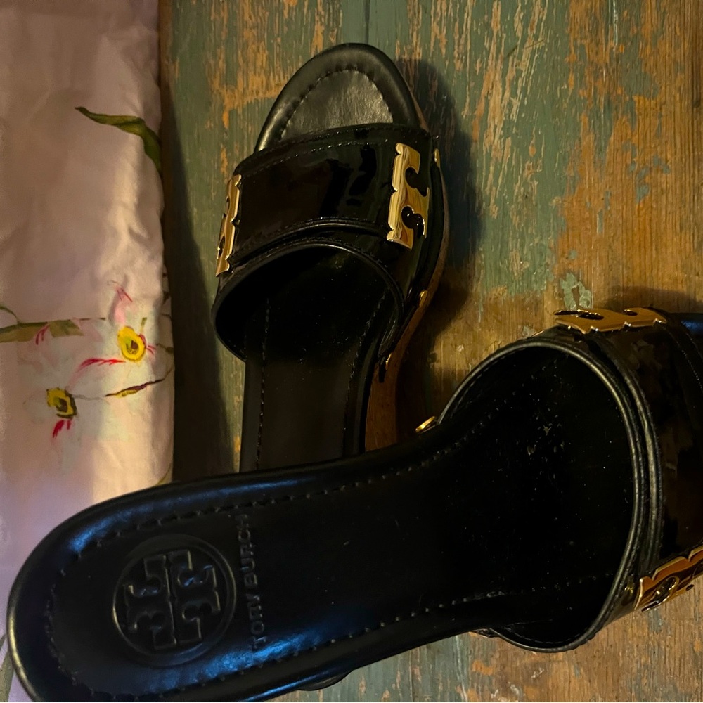 Tory Burch Black Patent Leather Mules. Good condition; gently worn. Size 7.5